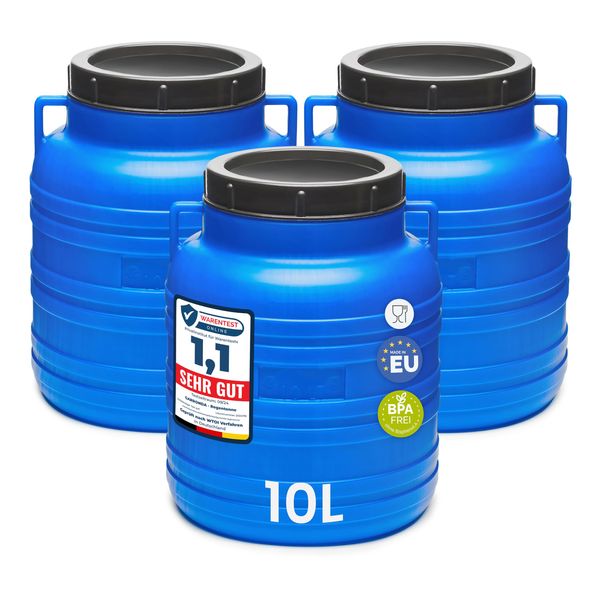 Garronda Set 3x 10 Liter Weithalsfass BPA-frei Futtertonne Fass Universalfass Lebensmittel Fass Regenfass für Garten Regentonne mit Deckel Regenwassertonne für Garten Wassertonne GD-0120, Blau