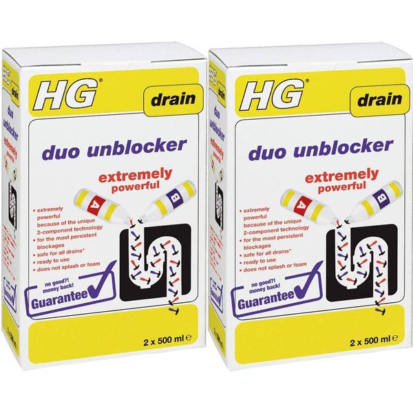 HG Drain Duo Unblocker Sink Drain Pipe Cleaner for Kitchen and Bathrooms 2x500ml (2 Packs)