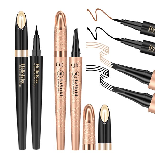 4Pcs Waterproof Eyebrow Pencil & Liquid Eyeliner Pencil, 4 Point Eye Brow Pencils for Women Microblading Pencil for Eyebrows Brown Black Eye Liner Pencils Long-Lasting Eye Liners for Women Waterproof