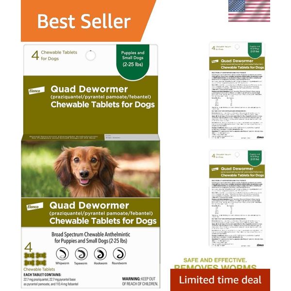 Effective 4-Pack Quad Dewormer for Small Dogs 2-25 lbs - Easy Beef Chewable
