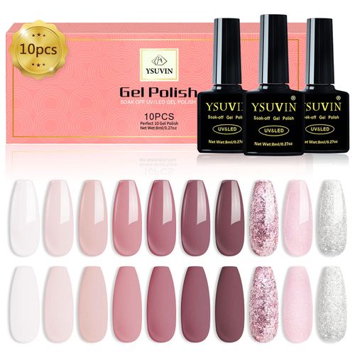 Yueshop 10Pcs Gel Nail Polish- Nude Pink Glitter Silver White Gel Nail Polish Kits,Gel Nail Varnish Set Seasons Nail Art Soak Off LED Lamp Nail Polish DIY Manicure Set For Beauty