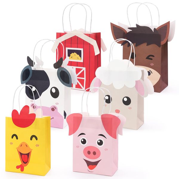 Faisichocalato Farm Animal Party Favor Bags with Handles Farm Themed Birthday Party Supplies Barnyard Birthday Gift Pack of 12 Treat Goody Bags Kraft Paper Centerpiece Decorations