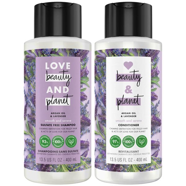 Love Beauty Planet Shampoo and Conditioner, Argan Oil & Lavender, Smooth & Serene - Sulfate-Free Shampoo & Conditioner, Frizz Control, Hair Smoothing, Scented, 13.5 Oz (2 Piece Set)