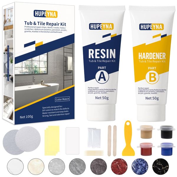 Shower Tray Repair Kit, Hupeyna Tub, Tile and Shower Repair Kit, Bathtub Repair Kit White for Chips Dents Cracks Holes Scratchs, Bath Repair Kit - More Colour Choices Available Marble Repair Kit