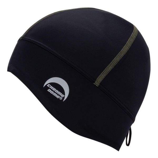 CHROME DOME UPF50+ Skull Cap and Helmet Liner - 78% Recycled Material (US, Alpha, One Size, Black Ink with Olive Stitching)