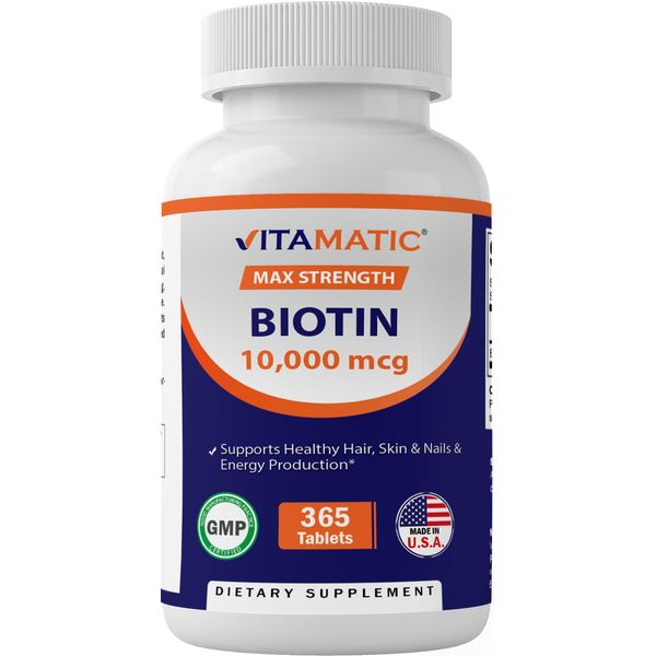 Vitamatic Biotin 10,000 mcg (10 mg) for Stronger Hair, Skin & Nails - 365 Vegan Tablets- Also Called Vitamin B7