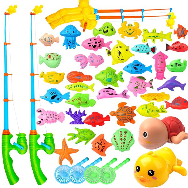 WindyJoy Magnetic Fishing Game for Toddler Kid 3-5 with 4 Magnetic Fishing Pole 2 Bath Wind Up Toy, Water Table Bathtub Toy, Pool Fishing Game, Toddler Fishing Pole for Boy 4-8, Magnetic Fishing Toy