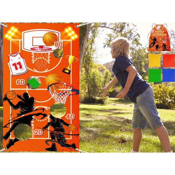 Outdoor Games for Adults and Family, Basketball Bean Bag Toss Game with 4 Big Bean Bags Sports Themed Birthday Party Supplies Family Games Outside Gifts for Kids Adults Party Games Activities