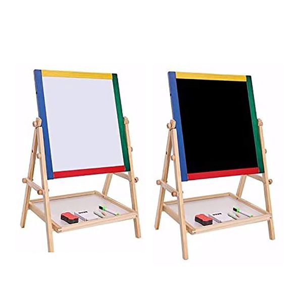 SASONS® Double Sided Kids 2 in 1 Quality Wooden Art Easel Adjustable Flip-Over Drawing Writing Board Whiteboard Blackboard Chalkboard for Children Fun Play Educational Activity Learning [65cm]