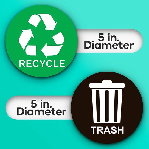 Recycling Stickers for Bins - Perfect Bin Sticker For Refuse Can - 2 Pack - 5" by 5" - Ideal Bin Signs for use in Home or Office - Suitable for Indoors or Outdoors - Green for Recycle, Black for Trash
