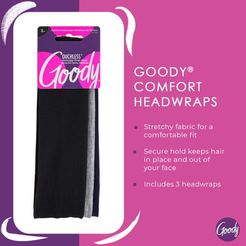 Goody Ouchless Comfort Headwraps - 3 Count(Pack of 1), Assorted Made from Fabric that is Soft and Strong for a Comfortable Fit All Hair Types Pain-Free Accessories Women Girls