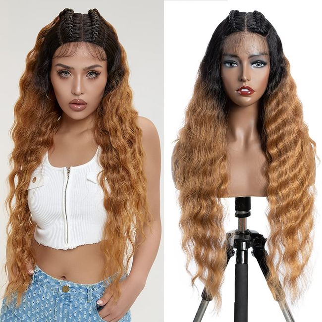 FASHION IDOL Lace Front Curly Wigs 31" Long Synthetic Natural Water Wavy Wig for Black Women Ombre Brown with E Type HD Lace Wig