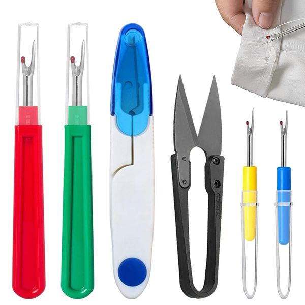 6 PCS Seam Ripper Kit, 4 Stitch Unpickers in 2 different Sizes with 2 Scissors Thread unpicker with Silicone Handle for Sewing, Stitch Ripper with Scissor, Storage Bag, for Sewing Needlework DIY Craft