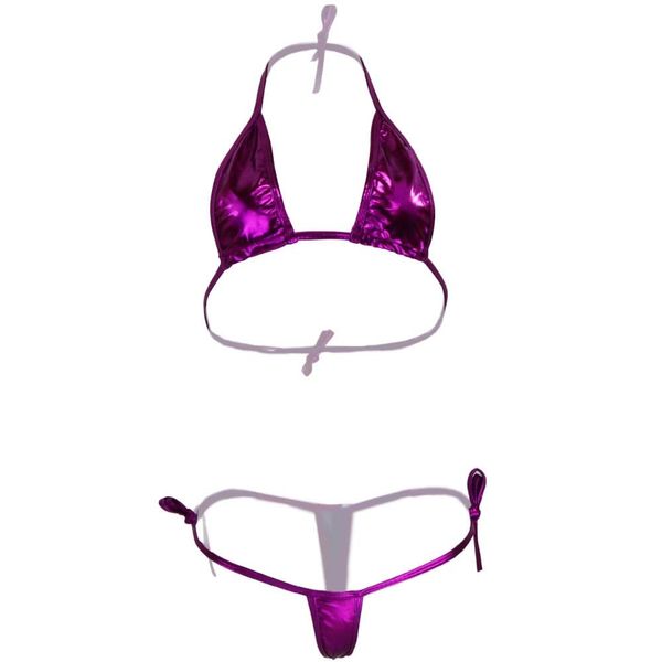 Black Omen bs207 Women's Micro Bikini, Cosplay, Fluorescent, Metallic, Shiny, Micro Swimsuit Set, Sexy Thong, YS921-mu-Solid Purple