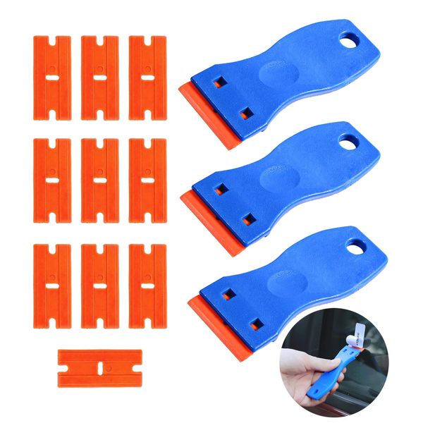 Cleaning Scraper Tool Plastic with 3PCS Scraper and 10PCS Plastic Scraper Replacement Portable Blue Glass Scraper for Windows Remove Labels Easily for Glass, Oven Glass,Table, Wall, Etc.