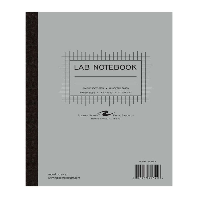 ROARING SPRING Carbonless Science Lab Notebook, 4x4 Graph Ruled, 50 Numbered Sets, 11" x 9" 15# White/Blue Paper, Made in USA, Hard Board Covers