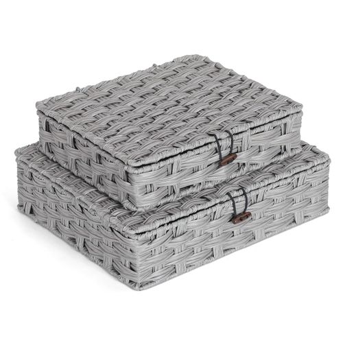 ORGMASTER Plastic Wicker Storage Baskets with Lids, 2-Pack Woven Rattan Organizer Bins with Locking Button, Decorative Flat Storage Boxes, 11"x9.25"x2.75" & 13"x11.2"x3.5", Gray