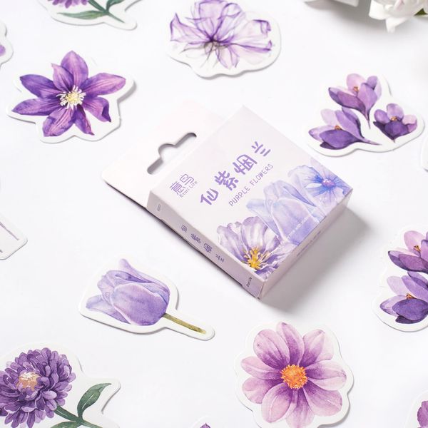 Mini Scrapbooks Laptop Stickers, Doraking Boxed Purple Flowers Decorative Stickers for Scrapbooking Suitcase Junk Journaling Planners Laptops Phone Case Crafts