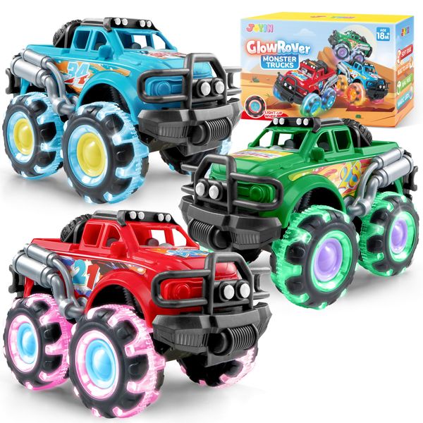 Vroomix 3Pack Monster Truck Toy - Toy Truck with Flashing LED Wheels - Light-Up Cars for Toddlers - Birthday Gift for Boys Girls - Friction-Powered