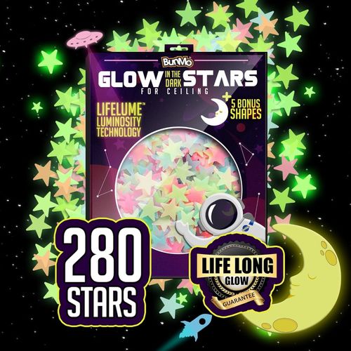 BUNMO 280pcs Glow in The Dark Stars for Ceiling - Easter Basket Stuffers for Kids - Longlasting Glow in The Dark Stars for Ceiling - Easter Basket Stuffers for Toddlers 3+ - Strong Glow