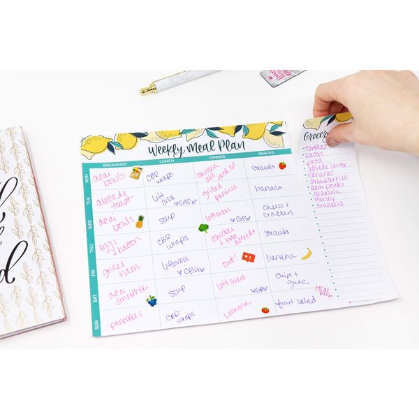 bloom daily planners Horizontal Weekly Magnetic Meal Planning Pad for Fridge with Tear-Off Grocery Shopping List - Hanging Food/Menu Organizer Notepad with Magnets - 8.5” x 11” - Lemons