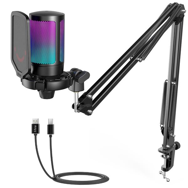 FIFINE USB Condenser Microphone, RGB Glow, Cardioid Directional, Plug & Play, PC/Prestige Microphone, USB Cable, One-Touch Mute, YouTube, Skype, Discord, Zoom Recording, Game Play, Voice Chat, Live Streaming, Telework, Web Conferencing, Compatible with PC