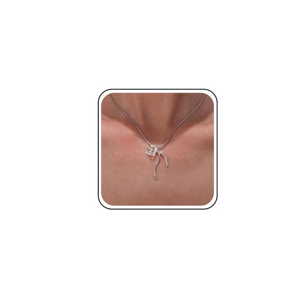 TseanYi Bow Pendant Necklace Silver Bow Knot Necklace Line Bow Tie Pendant Necklace Snake Chain Choker Necklace Minimalist Bow Snake Chain Necklace for Women Jewelry