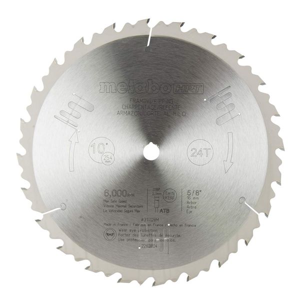 Metabo HPT Miter Saw/Table Saw Blade | 10 Inch, 24-Teeth | Tungsten Carbide Tipped | ATB | 5/8 Inch Arbor | 311128M