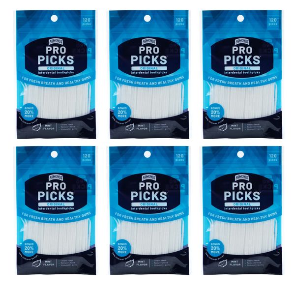 Armonds ProPicks Original Dental Picks for Teeth Cleaning - Disposable Plastic Toothpicks for Teeth & Gums - Cleans Teeth & Massages Gums - Fresh Mint Flavor - 6 Packages x 120 Interdental Tooth Picks