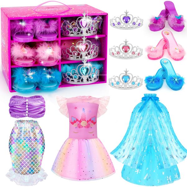 Princess Dress Up Shoes Set,Girls Dress Up Toys Jewelry Boutique Role Play Costumes Kit, 3 Themes of Unicorn Mermaid Ice Princess Toys Gifts for Little Girls 3-6 Years Toddler Birthday Party