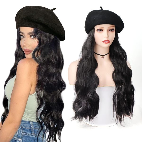 Synthetic Hat Wigs Women Beret Wigs Hair Extensions Fashion Hat with Hair Wigs For Women 20 inch Long Wavy Hair Naturally Connect Autumn Winter Cashmere Cap