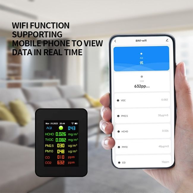 Multifunctional Air Quality Detector PM2.5 PM10 HCHO TVOC Formaldehyde Monitor LCD Display 7 in 1 for Home, 01 WHITE