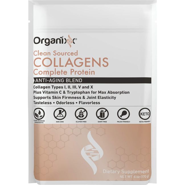 Organixx Clean Sourced Collagens - Complete Protein Powder - 20 Servings - Multi Collagen Powder with Vitamin C - Hydrolyzed Collagen Types I, II, III, V, X - Skin, Joints, Aging Support - Unflavored