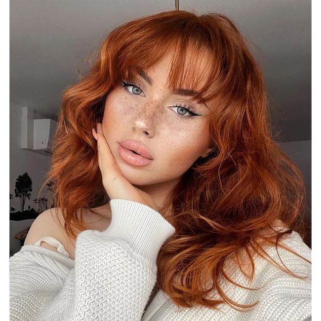 VEBONNY Copper Red Wigs with Bangs, Wavy Bob Wig, Loose Curly Auburn Wigs for Women,Ombre Ginger Color Synthetic Hair Glueless Wig 14 inch VEBONNY-224