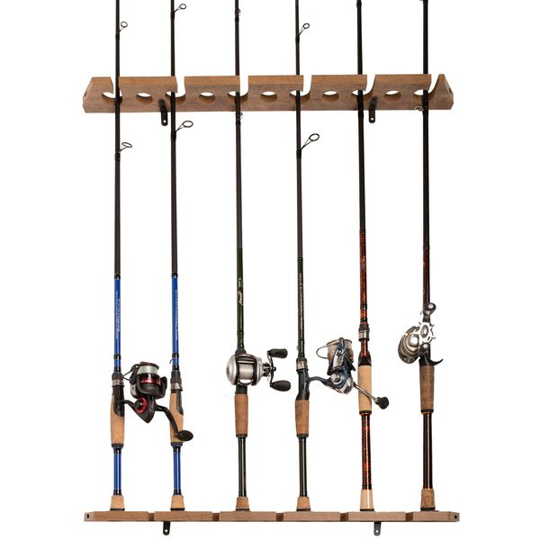 Old Cedar Outfitters 3-in-1 Hanging Fishing Rod Storage Rack, Hang on Walls Horizontally or Vertically, or on Ceilings, Up to 11 Rod Capacity, 25" x 3.15" x 1.4", Distressed Wood Finish