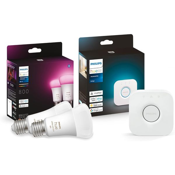 Philips Hue White and Col. Amb. E27 2 Pack 800lm + Hue Bridge