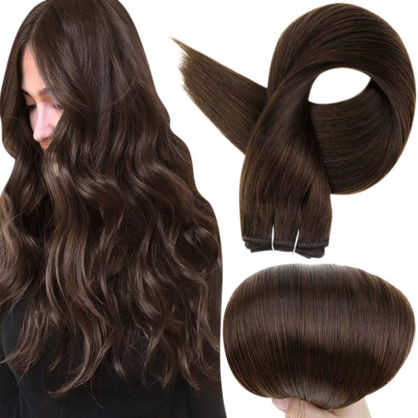 Full Shine Weft Hair Extensions Human Hair Color 2 Dark Brown Sew in Hair Extensions 20 Inch Double Weft Straight Hair Weft 100 Gram Real Remy Hair Bundles