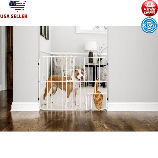 Expandable Metal Dog Gate W/ Small Pet Door Pressure Mount Safety 32In Tall New