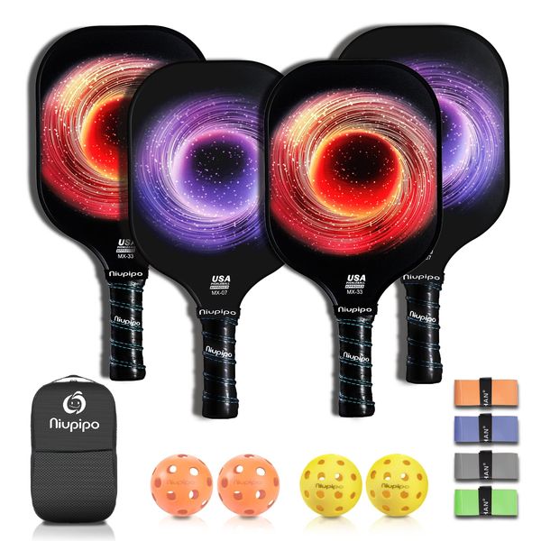 niupipo Pickleball Paddles, Lightweight Pickleball Paddle of 4, Honeycomb Core, Fiberglass Racket Face, Cushion Grip, USAPA Pickleball Set, 2 Indoor & 2 Outdoor Balls, 4 Replacement Grip,1 Carry Bag