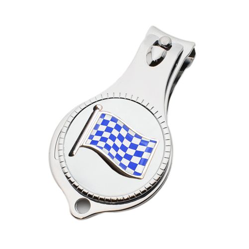 Blue Chequered Flag Design Pocket Metal Nail Clipper Bottle Opener with Personalised Engraved Message, Presented in a Velvet Pouch