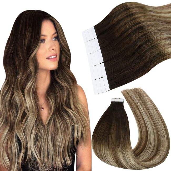 Tape Hair Extensions 20 Inch #4/6/613 Hair Extensions Tape in Dark Brown Tape Extensions to Medium Brown Tape in Human Hair Extensions with Bleach Blonde 50 Grams