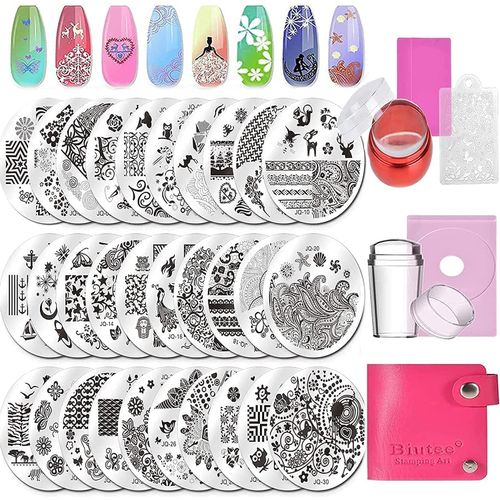 Biutee 30Pcs Round Nail Stamping Plates Kit, Geometric Pattern, Flower Animal Image Templates for Manicure Art - Ethnic & Vintage Stencils, Stamp Plate Set