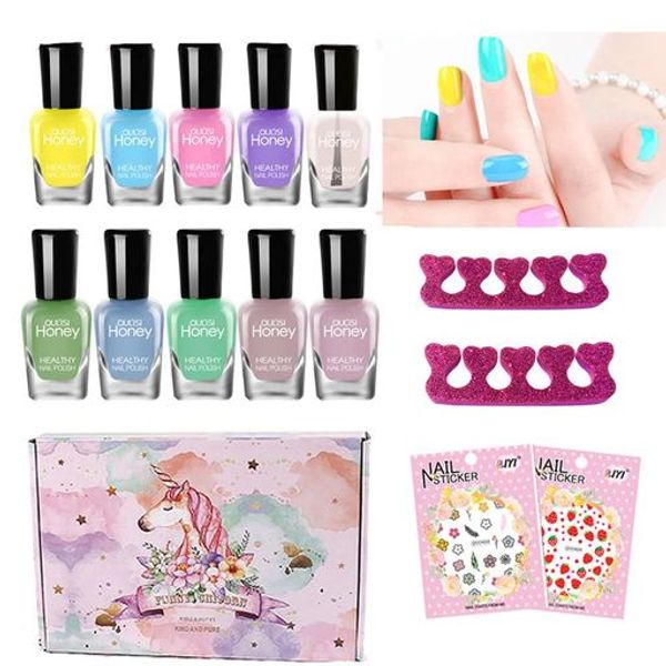 CSDMEEWIN Peel-off Nail Polish for Kids, Nail Art Supplies, 10-Color Set, Top Coat, Birthday Gift (A)