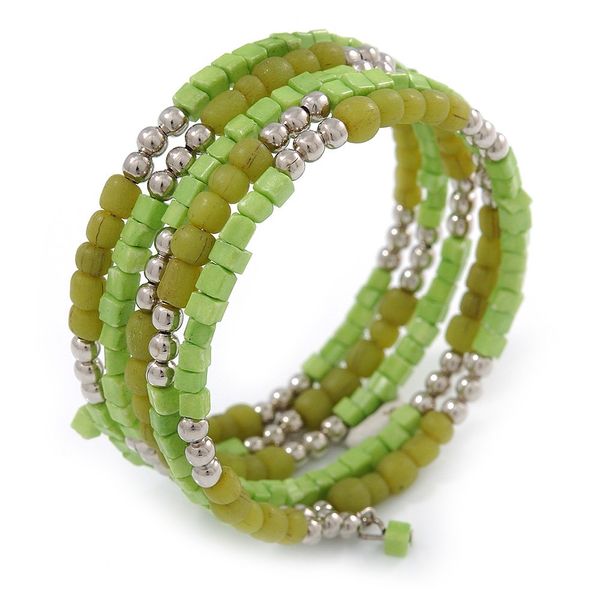 Avalaya Lime Green/Light Olive Stone, Silver Acrylic Bead Multistrand Coiled Flex Bracelet - Adjustable
