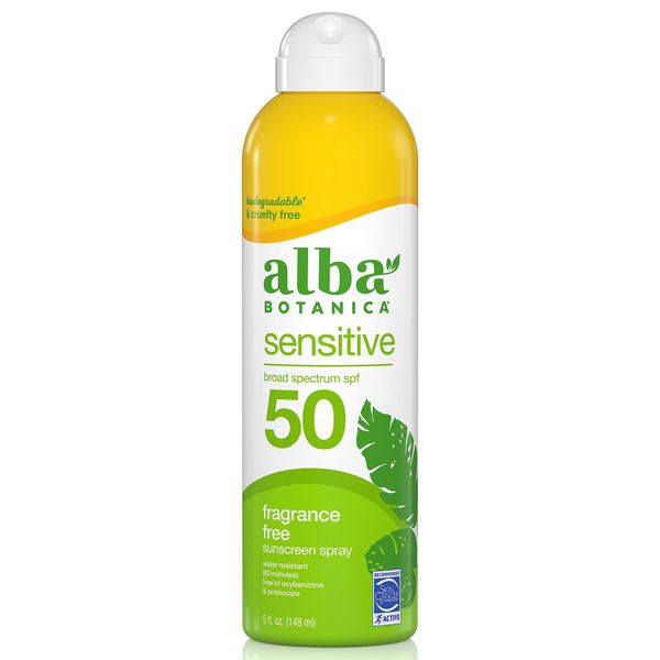 Alba Botanica Sunscreen for Face and Body, Fragrance-Free Sunscreen Spray for Sensitive Skin, Broad Spectrum SPF 50, Water Resistant, 5 fl. oz. Bottle