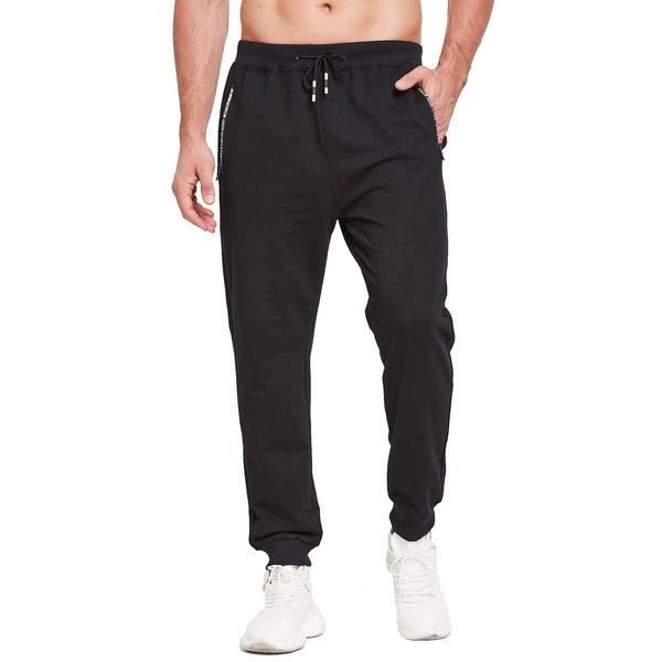 JustSun Jogginghose Herren Baumwolle Sporthose Trainingshose Herren Lang Fitness Hosen Männer Sweathose Sweatpants Herren mit Reissverschluss Taschen Schwarz L