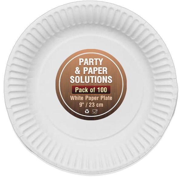 100 WHITE PAPER PLATES - 9 inch/23cm quality durable plates ideal for hot and cold food