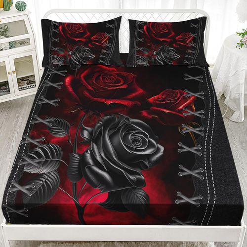 AILONEN Red Rose 3D Floral Twin Size Bed Sheet Set - Romantic, 3PC - 1 Fitted & 2 Pillowcases