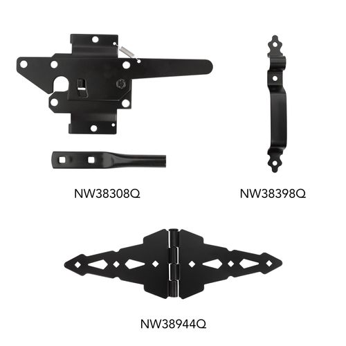 Wood Fence Gate Hardware Kit – Nationwide WI-WWGK-3H – Includes 3 Hinges, Spring Latch, Handle, Drop Rod & Screws – Black Powder-Coated Finish for Single Swing Wood Gates