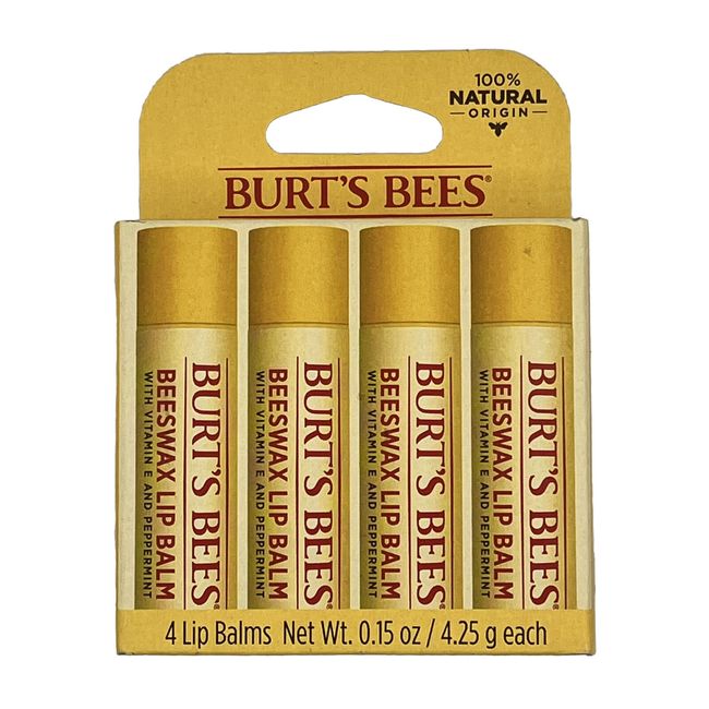 Burt's Bees Lip Balm (4 Pack) | Original Beeswax with Vitamin E & Peppermint Oil